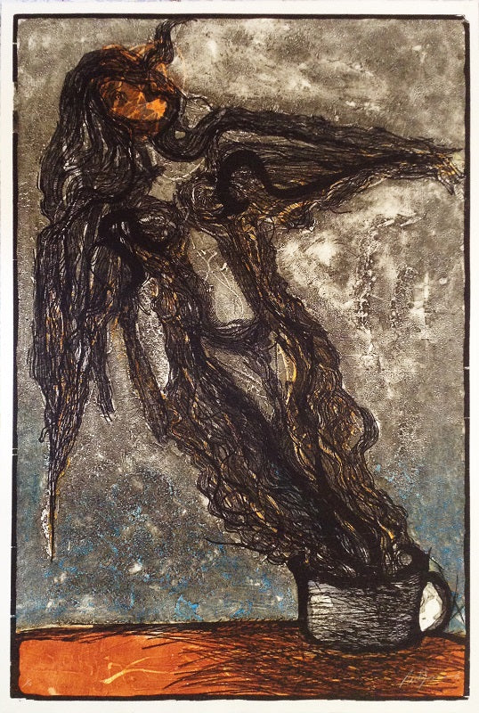 Nelson DOMÍNGUEZ, "La Mujer del Café", Woodcut (DOM110)