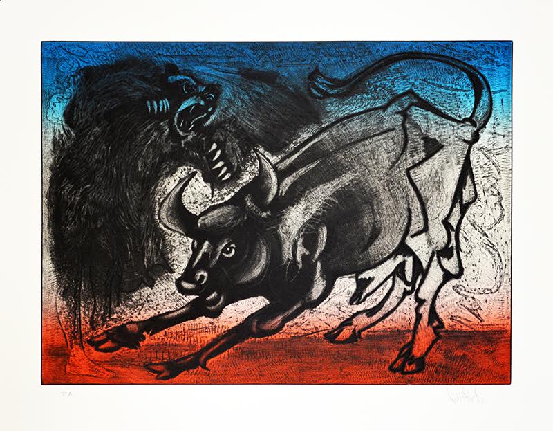 Luis Miguel VALDÉS,  "Bull and Bear", Etching (VAL373)