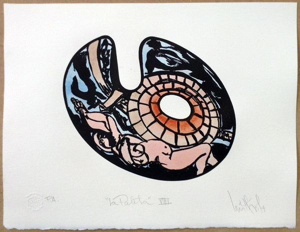 Luis Miguel VALDÉS,  "La Paleta VIII", Woodcut & watercolor (VAL338)
